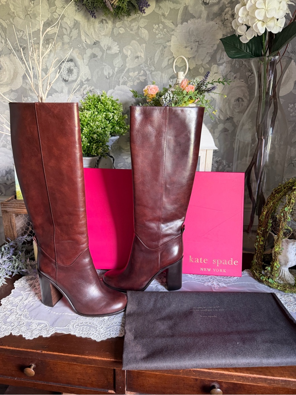 NEW Kate Spade New York Macchiato Brown Leather Knee-High Block Heel Boots Sz 8